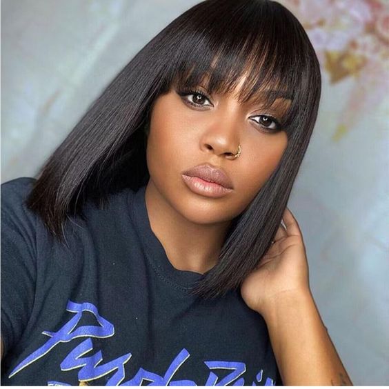 Glueless Wigs Bob Wig Clousure Lace Black Color Human Hair Wig With Bangs - 4x4 Lace / 180% / 14inch