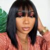 Glueless Wigs Bob Wig Clousure Lace Black Color Human Hair Wig With Bangs - 4x4 Lace / 180% / 14inch