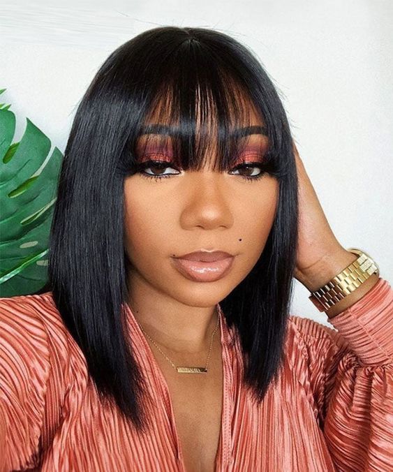 Glueless Wigs Bob Wig Clousure Lace Black Color Human Hair Wig With Bangs - 4x4 Lace / 180% / 14inch
