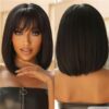 Glueless Wigs Bob Wig Clousure Lace Black Color Human Hair Wig With Bangs - 4x4 Lace / 180% / 14inch