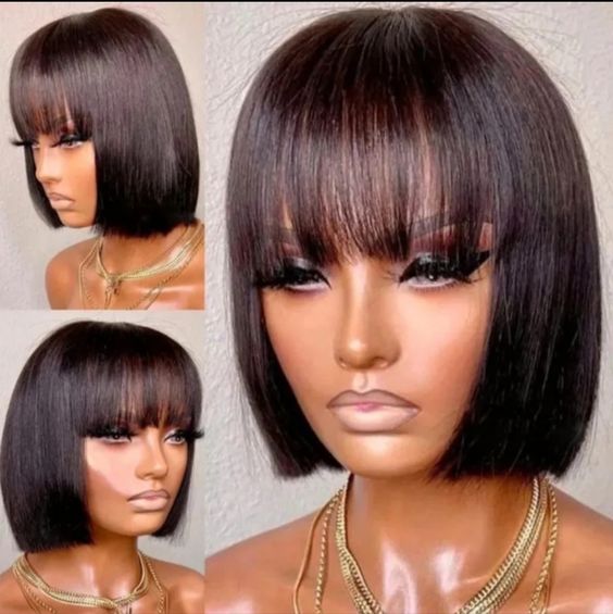 Glueless Wigs Bob Wig Clousure Lace Black Color Human Hair Wig With Bangs - 4x4 Lace / 180% / 14inch