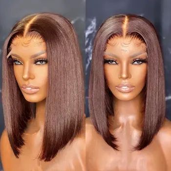 Short Bob Wig 4x4 HD Lace Glueless Wig Front Wigs Chocolate Brown Color Wear and GO - 5x5 Lace / 180% / 12inch