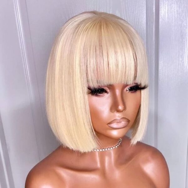 Glueless Wigs Bob Wig Clousure Lace Blonde Color Human Hair Wig With Bangs - 4x4 / 180% / 12inch