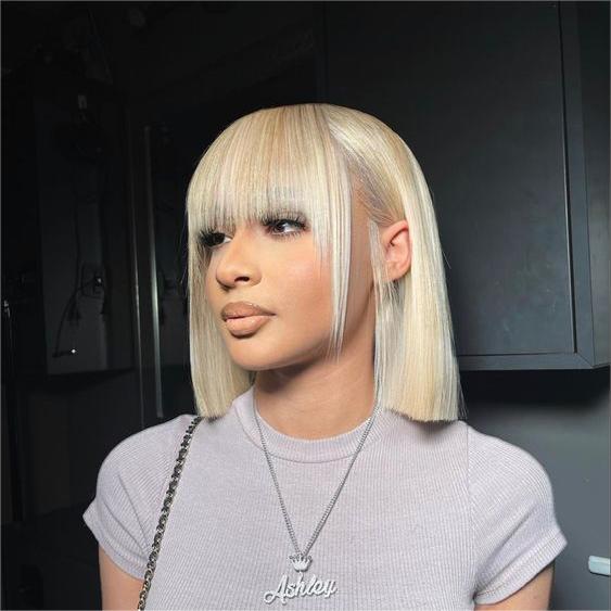 Glueless Wigs Bob Wig Clousure Lace Blonde Color Human Hair Wig With Bangs - 4x4 / 180% / 12inch