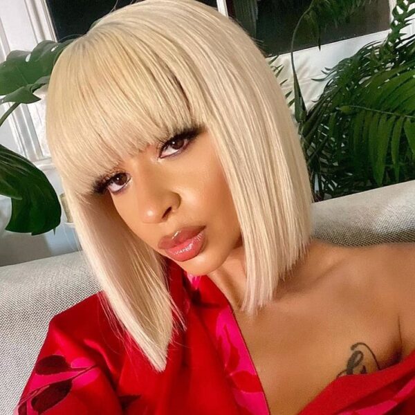 Glueless Wigs Bob Wig Clousure Lace Blonde Color Human Hair Wig With Bangs - 4x4 / 180% / 12inch
