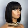 Glueless Wigs Bob Wig Clousure Lace Black Color Human Hair Wig With Bangs - 4x4 Lace / 180% / 14inch