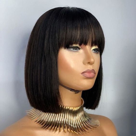 Glueless Wigs Bob Wig Clousure Lace Black Color Human Hair Wig With Bangs - 4x4 Lace / 180% / 14inch