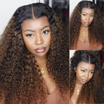 【180% Density=】Sunber Balayage Highlight Full Curly U Part Human Hair Wigs Flash Sale - 18 / V Part-180%