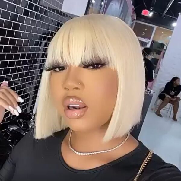 Glueless Wigs Bob Wig Clousure Lace Blonde Color Human Hair Wig With Bangs - 4x4 / 180% / 12inch