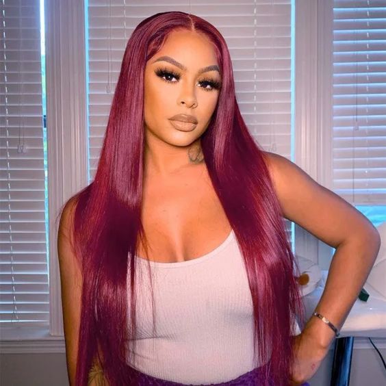 Burgundy Color Straight Wig 360 HD Transparent Lace Wigs 100% Human Hair For Black Women - 360 Lace / 180% / 22inch