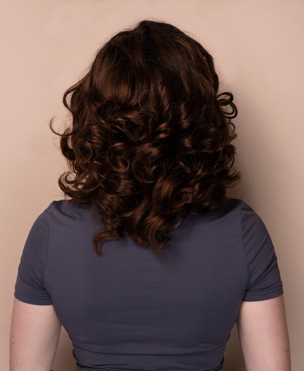 front lace human wig - 10" rooted brown bouncy curls.