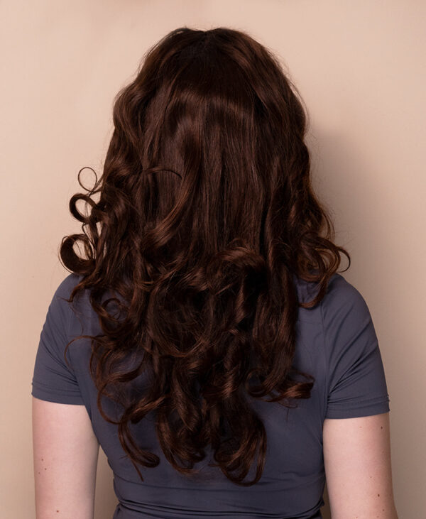 front lace human wig - 18" chocolate brown with moneypiece highlights.