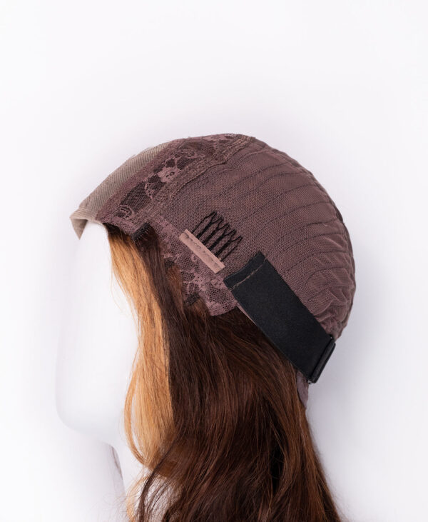 front lace human wig - 18" chocolate brown with moneypiece highlights.