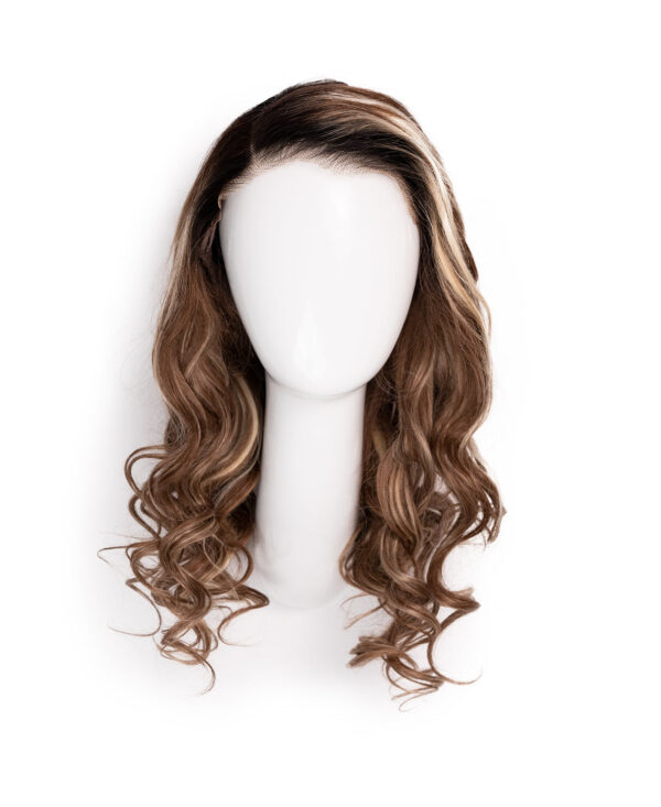 put on & go pre-cut lace wavy human wig - 20" bronzed highlights