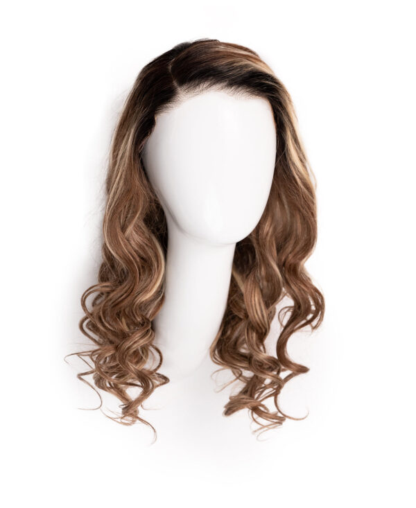 put on & go pre-cut lace wavy human wig - 20" bronzed highlights