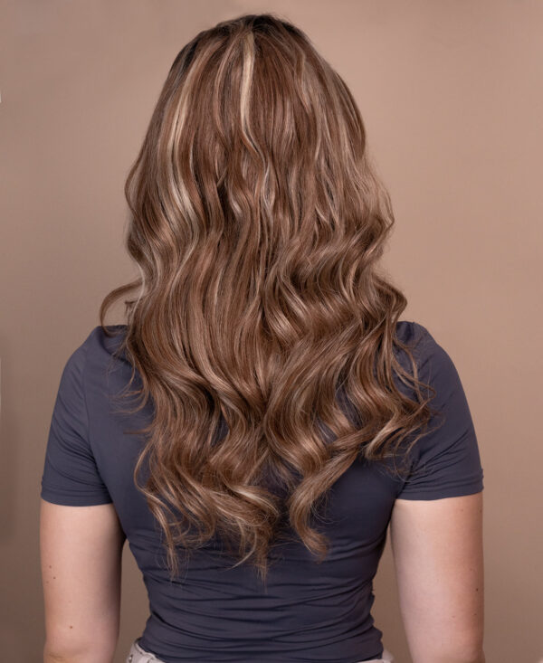 put on & go pre-cut lace wavy human wig - 20" bronzed highlights