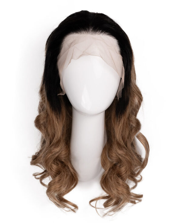 front lace human wig - 18" rooted caramel bouncy curls.