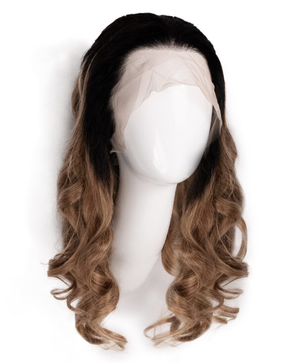 front lace human wig - 18" rooted caramel bouncy curls.