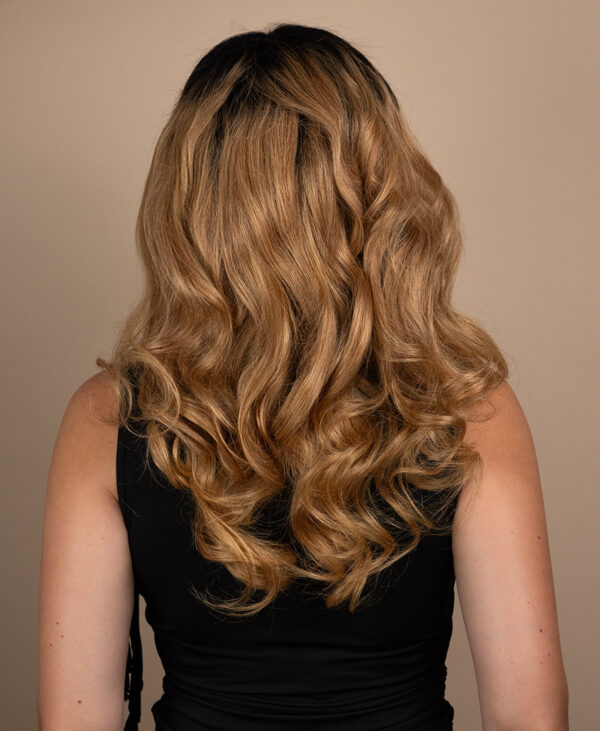 front lace human wig - 18" rooted caramel bouncy curls.