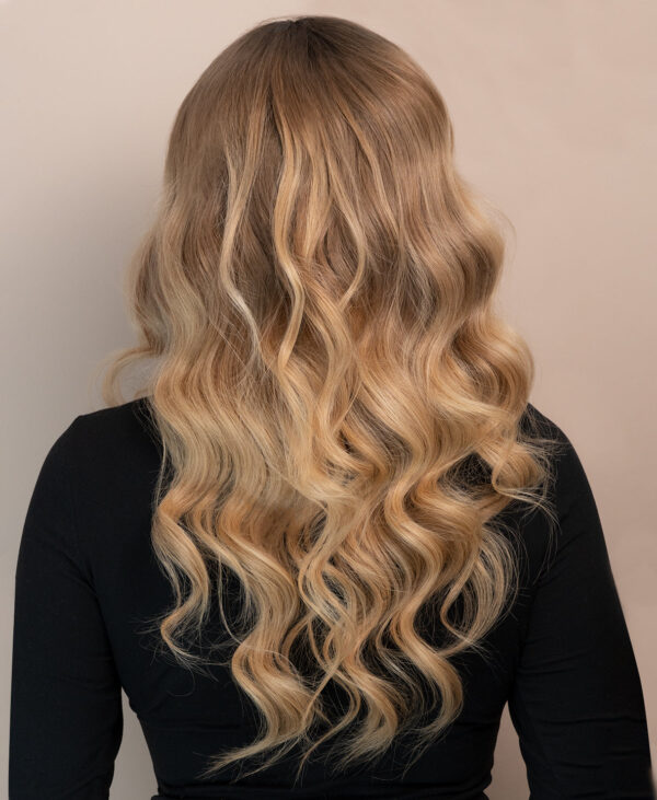 front lace human wig - 20" root melt blonde balayage.