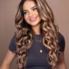 put on & go pre-cut lace wavy human wig - 24" bronzed highlights.