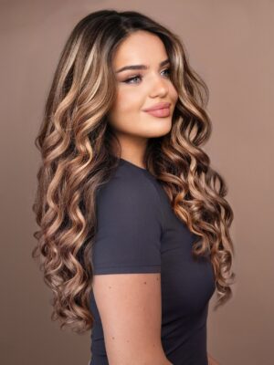 put on & go pre-cut lace wavy human wig - 24" bronzed highlights.