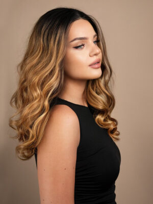 front lace human wig - 18" rooted caramel bouncy curls.