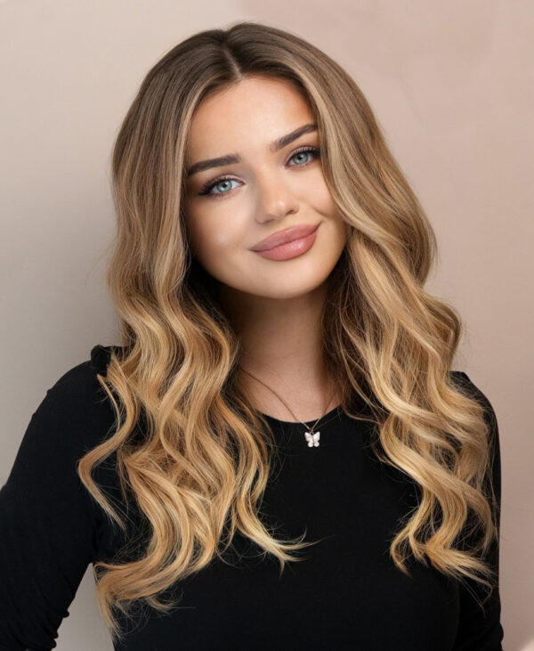 front lace human wig - 20" root melt blonde balayage.