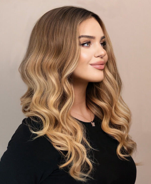 front lace human wig - 20" root melt blonde balayage.
