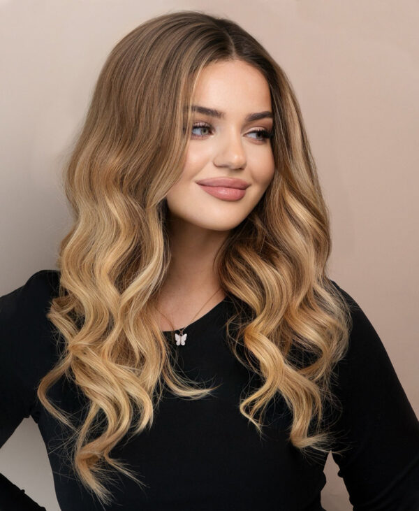 front lace human wig - 20" root melt blonde balayage.
