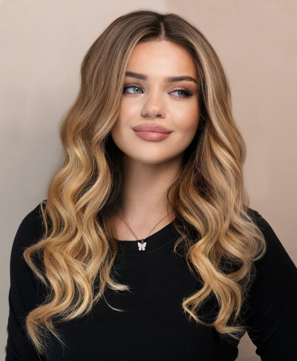 front lace human wig - 20" root melt blonde balayage.