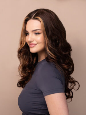 front lace human wig - 18" chocolate brown with moneypiece highlights.