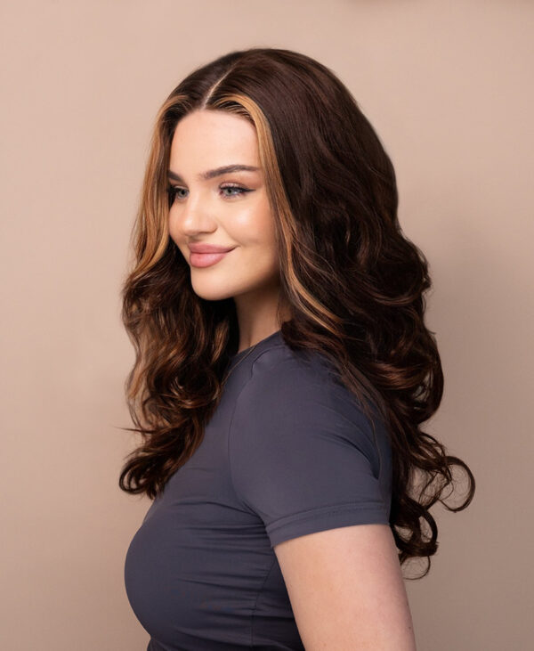 front lace human wig - 18" chocolate brown with moneypiece highlights.