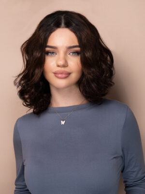bouncy curls human wig - 12" rooted brown.