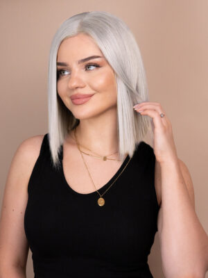 put on & go pre-cut lace human wig - 10" silver grey.