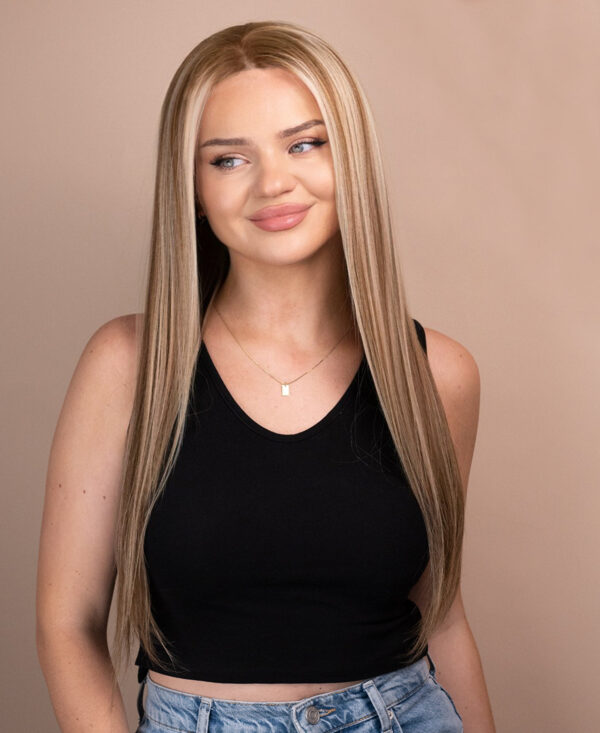 front lace human wig - 20" blonde highlights.
