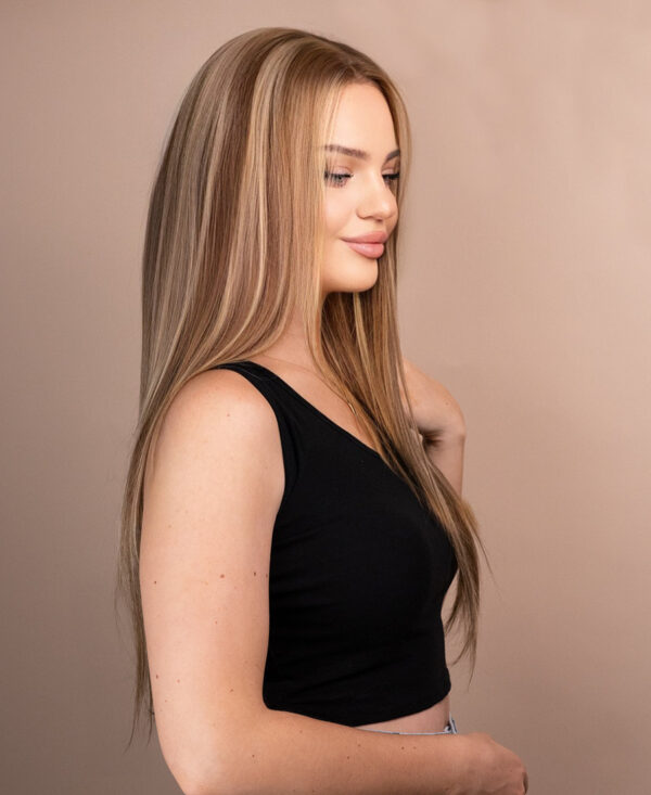 front lace human wig - 20" blonde highlights.