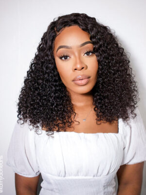 put on & go pre-cut lace curly human wig - 16" natural black.