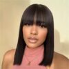 Glueless Wigs Bob Wig Clousure Lace Black Color Human Hair Wig With Bangs - 4x4 Lace / 180% / 14inch