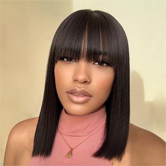 Glueless Wigs Bob Wig Clousure Lace Black Color Human Hair Wig With Bangs - 4x4 Lace / 180% / 14inch