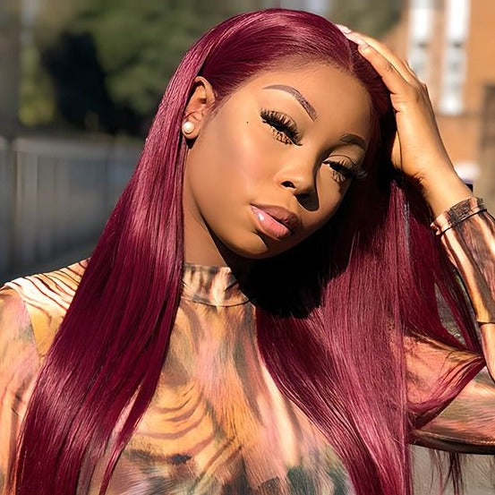 Burgundy Color Straight Wig 360 HD Transparent Lace Wigs 100% Human Hair For Black Women - 360 Lace / 180% / 22inch