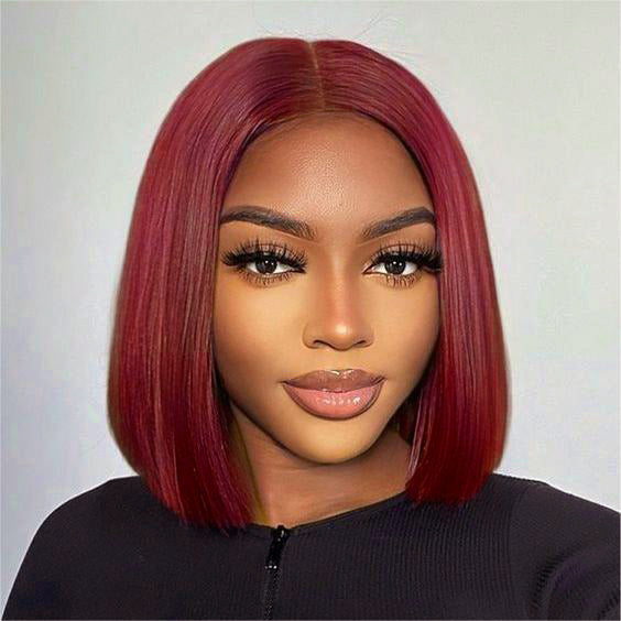 Burgundy Bob Wig Straight Wigs Wig 4x4/13x4/13x6 Lace Wig Human Hair Wig - 13x6 Lace / 150% / 10