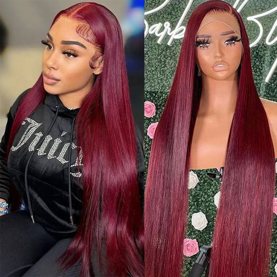 Burgundy Color Straight Wig 360 HD Transparent Lace Wigs 100% Human Hair For Black Women - 360 Lace / 180% / 22inch