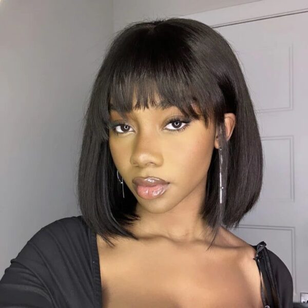 Glueless Wigs Bob Wig Clousure Lace Black Color Human Hair Wig With Bangs - 4x4 Lace / 180% / 14inch