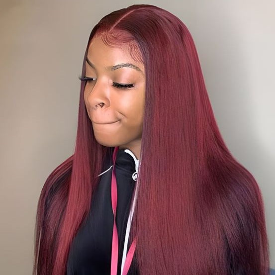 Burgundy Color Straight Wig 360 HD Transparent Lace Wigs 100% Human Hair For Black Women - 360 Lace / 180% / 22inch