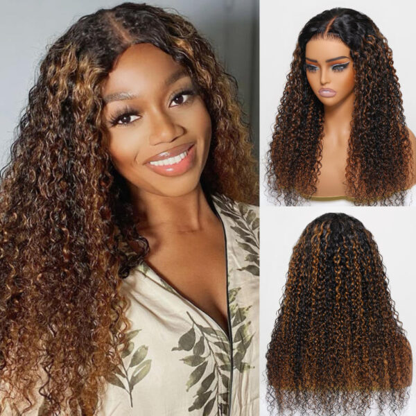 【180% Density=】Sunber Balayage Highlight Full Curly U Part Human Hair Wigs Flash Sale - 18 / V Part-180%