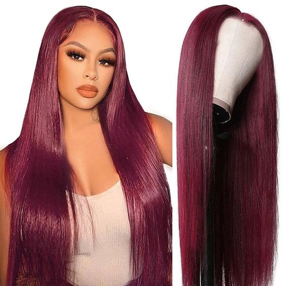 Burgundy Color Straight Wig 360 HD Transparent Lace Wigs 100% Human Hair For Black Women - 360 Lace / 180% / 22inch