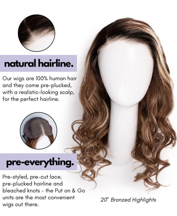 put on & go pre-cut lace wavy human wig - 24" bronzed highlights.