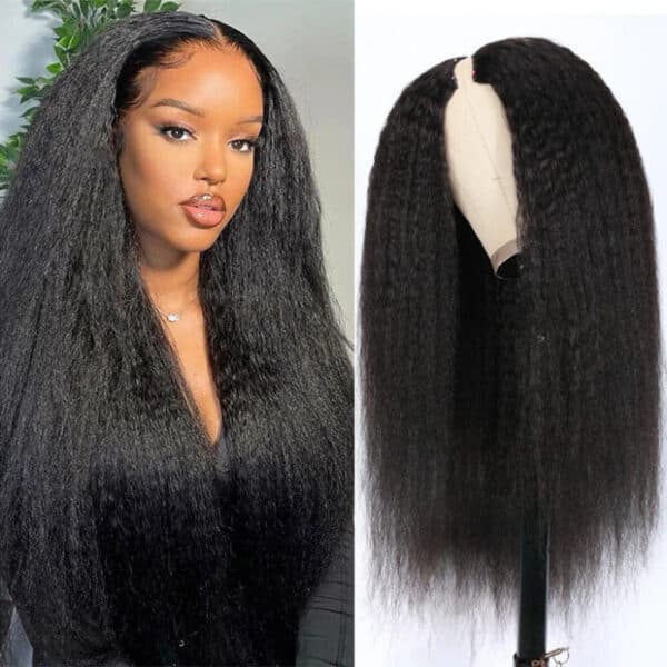 0 Off Sunber Kinky Straight V Part Wigs No Leave Out Yaki Straight Human Hair Wig - 24 / U Part-150%