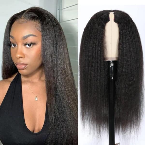 0 Off Sunber Kinky Straight V Part Wigs No Leave Out Yaki Straight Human Hair Wig - 24 / U Part-150%